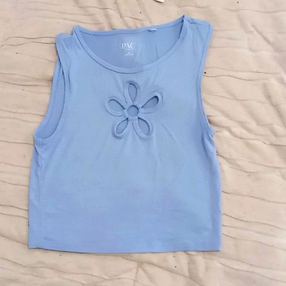 Blue tank top with flower cut out